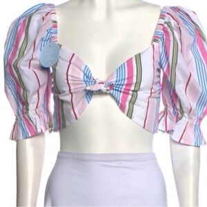 NWT Hill House Isabella Puff Sleeve Crop Top in Rainbow Stripe